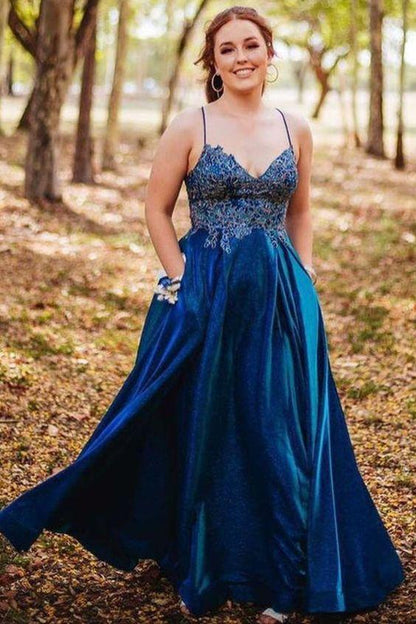 A-line navy blue satin long formal dress prom dress with pockets ,DS0357