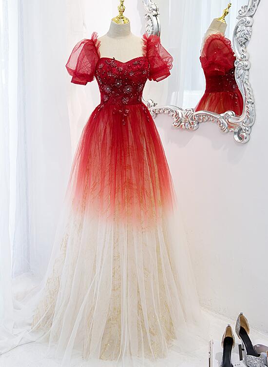 Beautiful Gradient Red Tulle Beaded Puffy Sleeves Formal Dress, A-Line Tulle Prom Dresses,DS0355