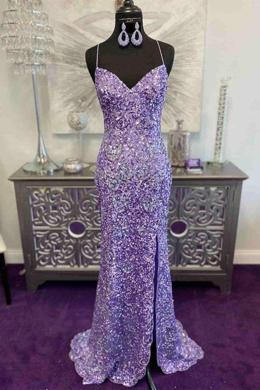 Glitter Lavender Sequins Prom Dresses Long Formal Dress with Slit,DS0349