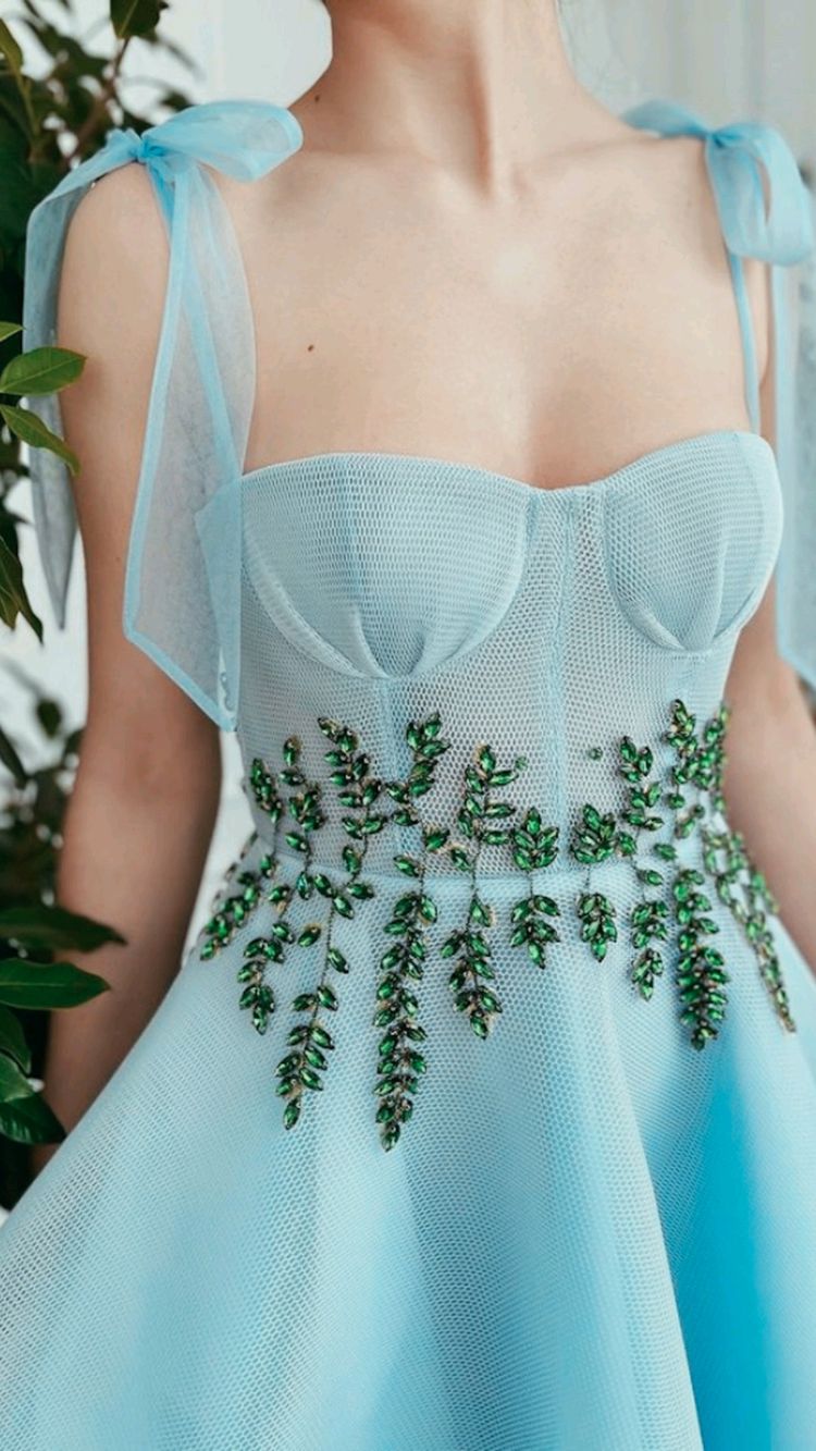 Blue Sleeveless Tea Length Prom Dress , Straps Party Dress With Waist Beades,DS0347