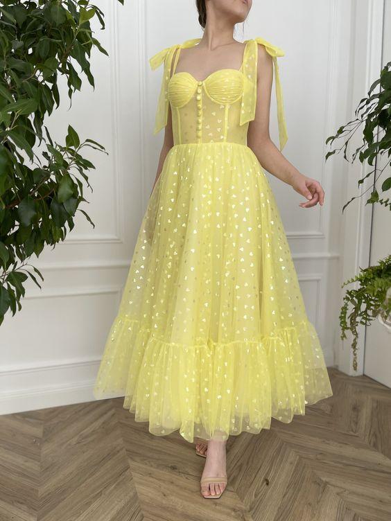 Yellow Brick Road Ruffle Midi Dress, Sleeveless Tea Length Prom Dress,DS0346
