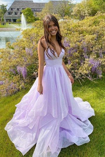 A-line lavender tiered long formal dress prom dress,DS0345