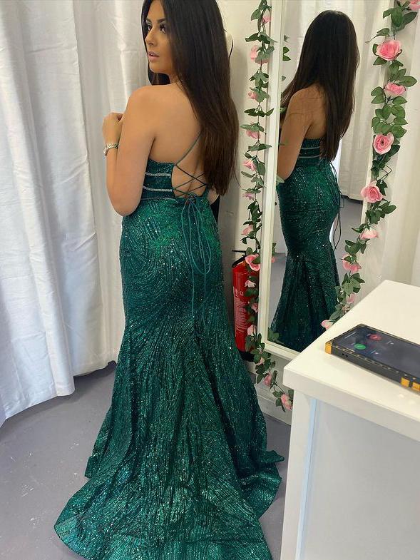 Sexy Sequin Lace V-neckline Spaghetti Straps Sheath Prom Dress,DS0335
