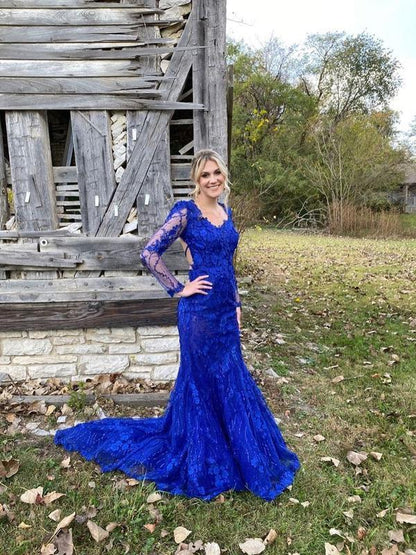 Marvelous Appliqued Sequins Tulle Long Sleeves Prom Dresses Mermaid Gowns,DS0333