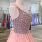 Delicate One-shoulder Tulle Beaded Flower A-line Prom Dresses,DS0324