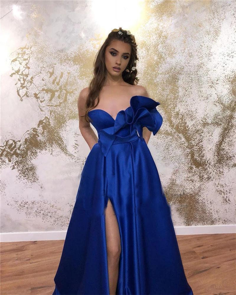 Sweetheart A-line Prom Dresses Long With Pockets Royal Blue Satin Evening Dress,DS0309