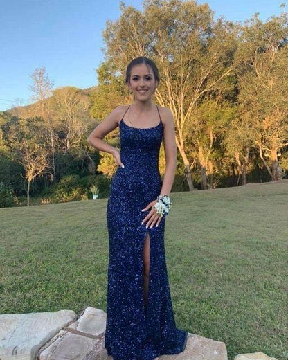 Navy Blue Sequin Long Prom Dresses Mermaid Cross Back Evening Party Dresses,DS0302