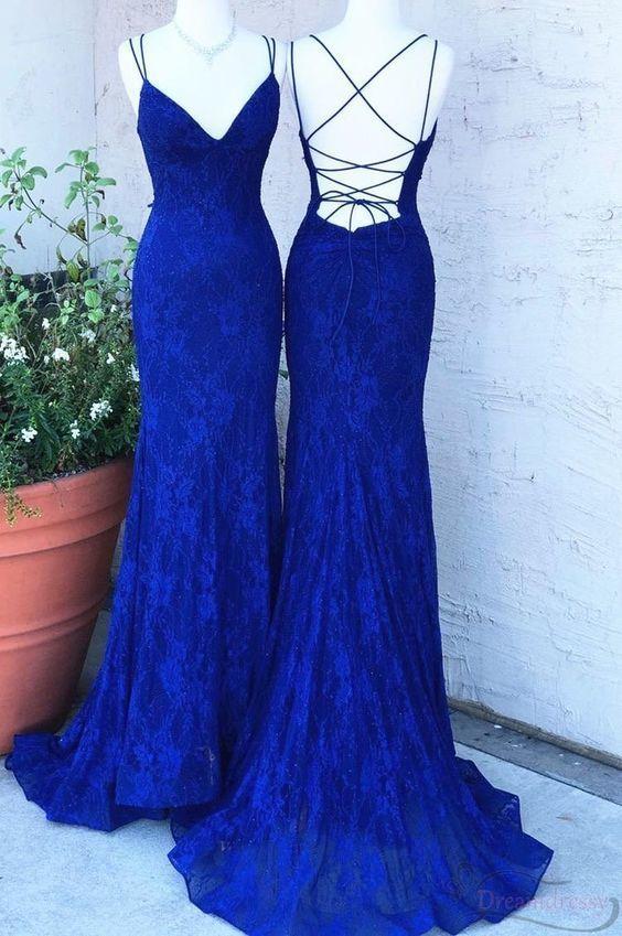 Royal Blue Lace Sheath Prom Dresses Spaghetti Straps,DS0293