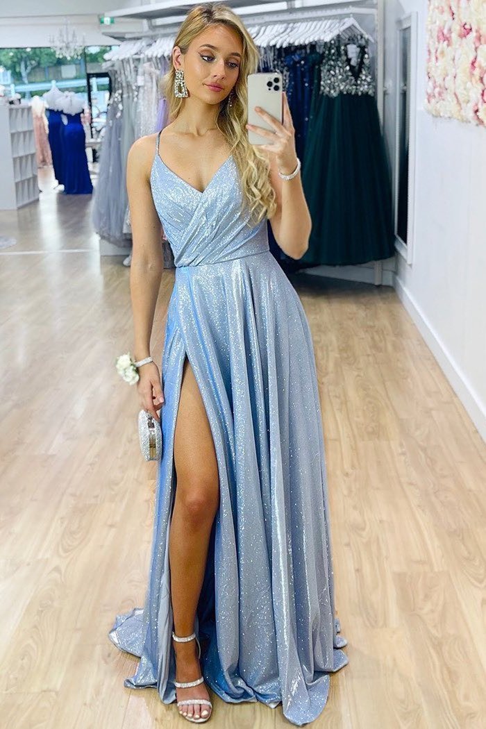 Sparkle V-Neck Blue Long Prom Dress with Slit,DS0273