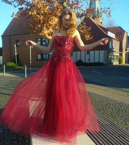 Red Prom Dress,Tulle Wedding Dresses,Appliques Prom Dresses,Strapless Prom Gown，DS0269