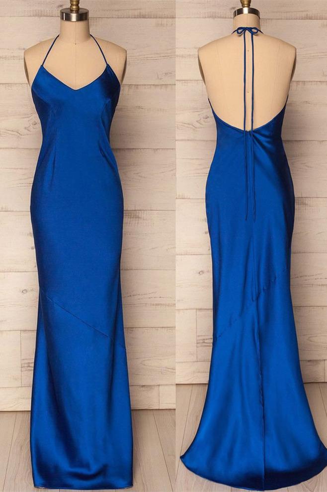 Mermaid Halter Royal Blue Satin Long Prom Gown,DS0245