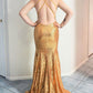 Elegant Criss Cross Back Mermaid Gold Long Prom Dress with Train,DS0239