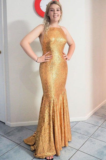 Elegant Criss Cross Back Mermaid Gold Long Prom Dress with Train,DS0239