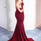 Elegant V Neck Open Back Mermaid Burgundy Long Prom Dress with Slit,DS0237