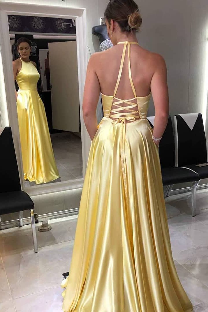 Halter Lace-Up Long Yellow Prom Dress with Pockets,DS0234