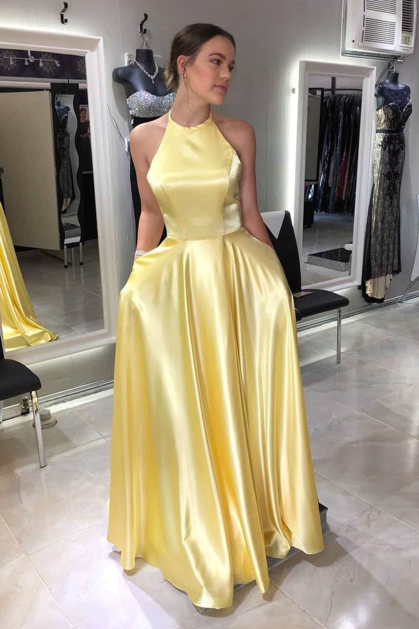 Halter Lace-Up Long Yellow Prom Dress with Pockets,DS0234