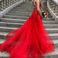 Red V-neck Tulle Long Prom Dresses Backless Long Evening Dress,DS0218