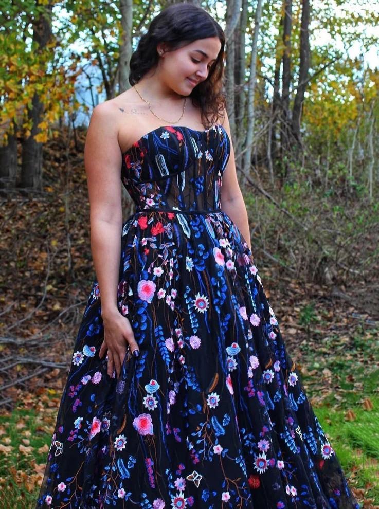 A Line Sweetheart Embroidery Floral Prom Dresses, Long Formal Dress,DS0217