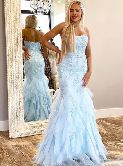 Sky Blue Mermaid Prom Dresses With Appliques Strapless Formal Evening Dresses,DS0211