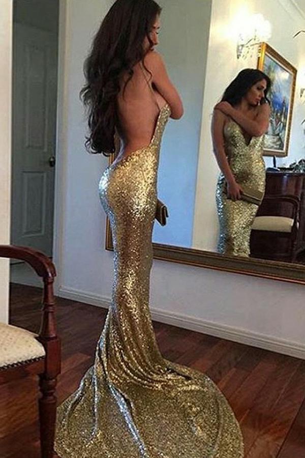 Sparkly Sequins Spaghetti Straps Backless Gold Mermaid Prom Dress,DS0208