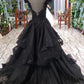 Puffy Cap Sleeves Black Long Prom Dress With Appliques, Charming Beading Formal Dress,DS0198