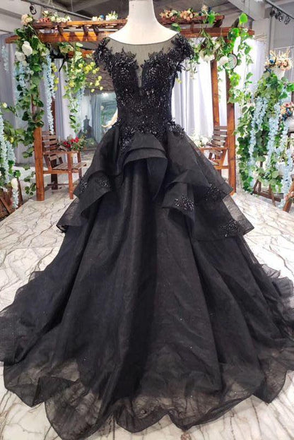 Puffy Cap Sleeves Black Long Prom Dress With Appliques, Charming Beading Formal Dress,DS0198