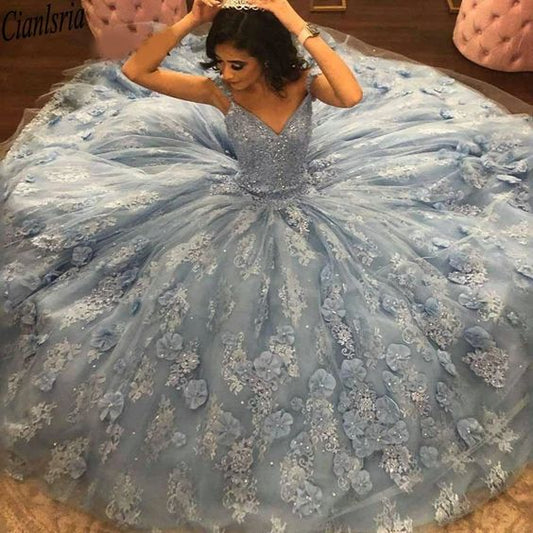 Quinceanera Ball Gown with Sweetheart Neck & Beaded Flower Applique,DS4347