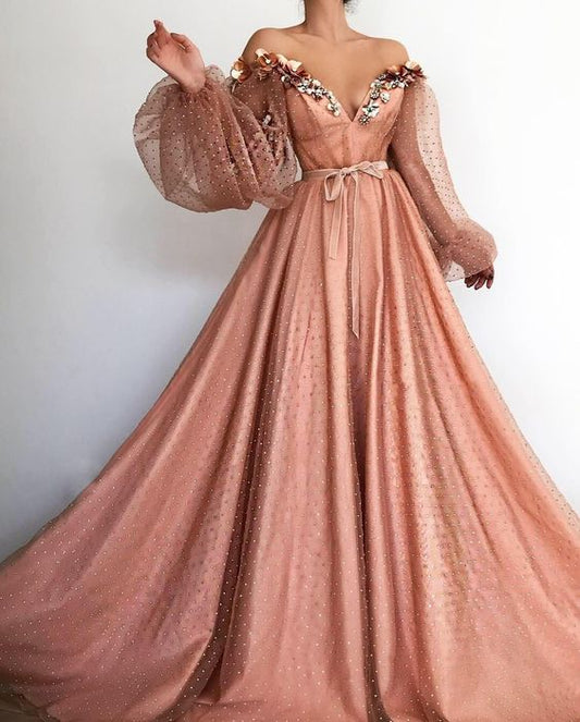 pink off the shoulder v-neck long sleeves prom dress,lace tulle beading full length school event dress,DS4319