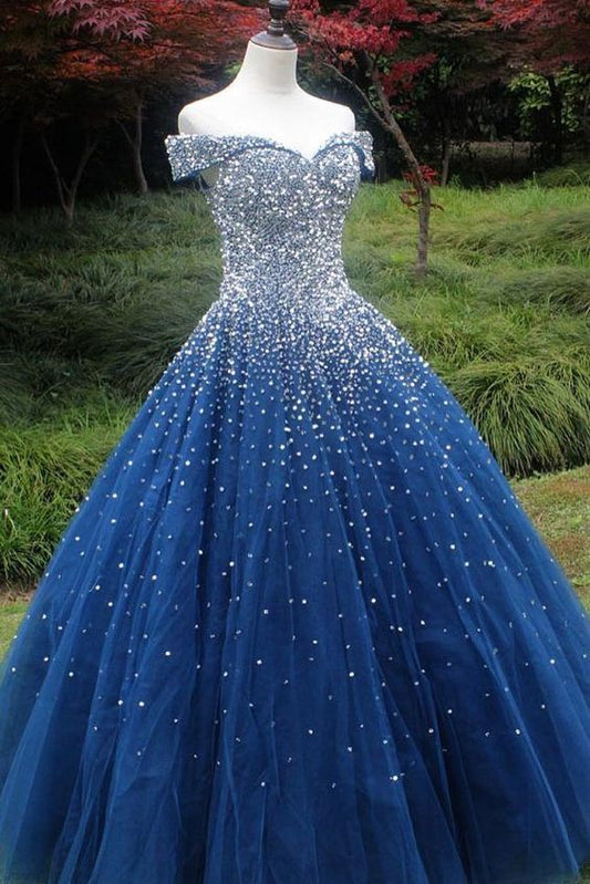 Sparkle Off the Shoulder Blue Ball Gown Prom Dresses, Puffy Tulle Quinceanera Dresses,DS4466
