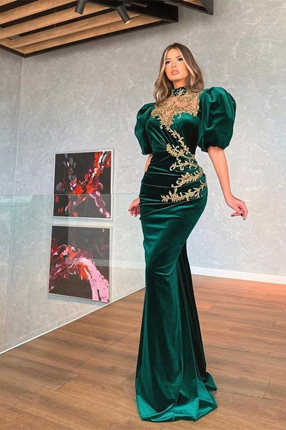 Modern Dark Green Bubble Sleeves Mermaid Prom Dress With Appliques,DS5114