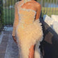 Gold sequin straight dress with side ruffles,DS4593
