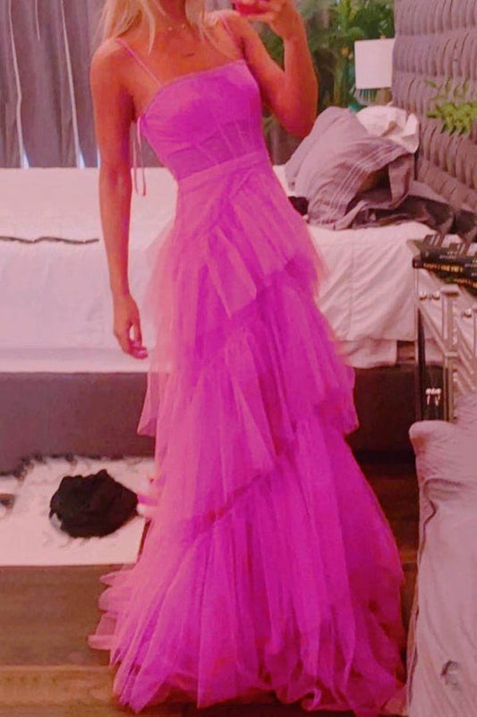 A Line Hot Pink New Arrival Spaghetti Straps Floor Length Prom Dress With Ruffles ,DS4564