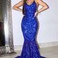 Gorgeous Blue Sequins Jewel Sleeveless Floor-length Mermaid Prom Dresses,DS4315