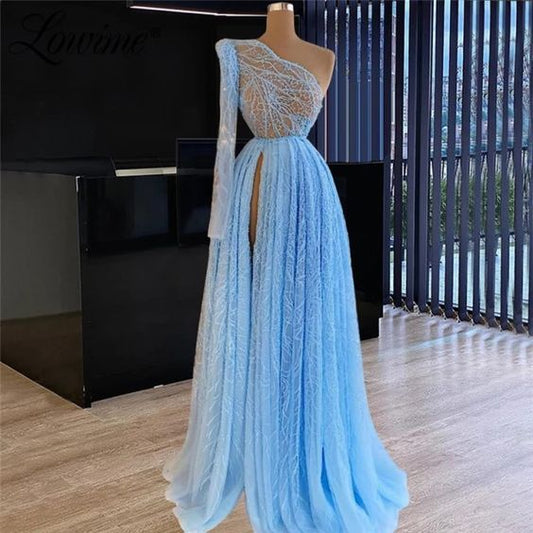 blue One Shoulder Sexy Prom Dresses Cheap | Sleeveless Long Formal Evening Dress,DS4028