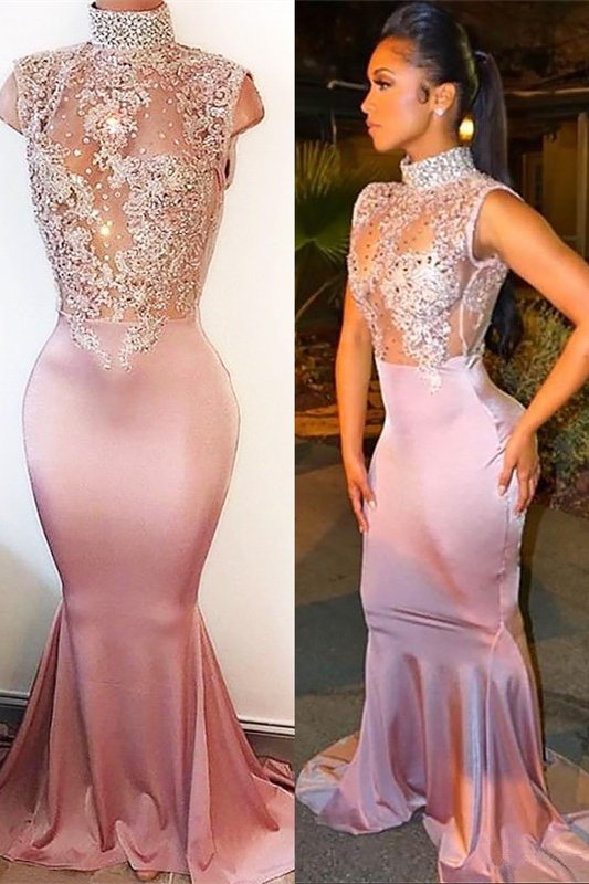 Chic Dusty Pink High Neck Mermaid Prom Dress Sleeveless With Appliques,DS4674