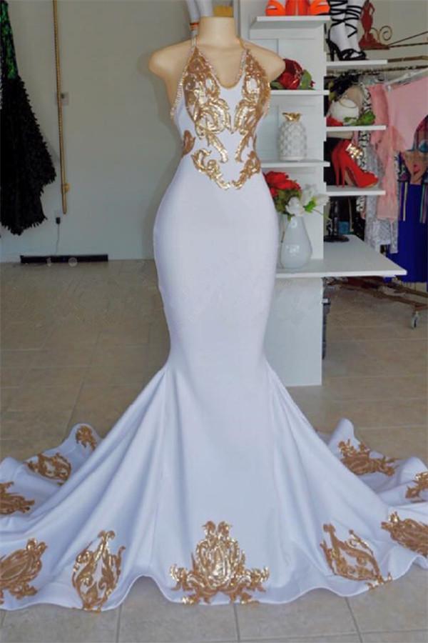 HALTER V-NECK SLEEVELESS GOLD APPLIQUES PROM PARTY GOWNS,DS3544