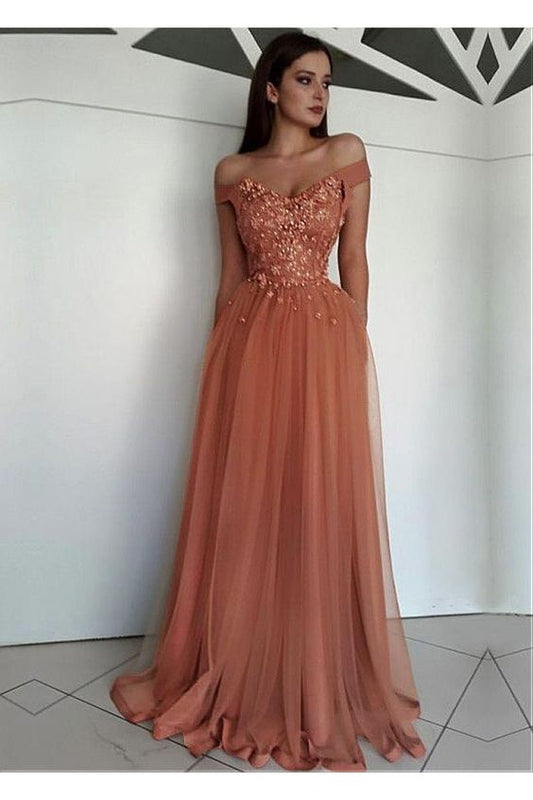 Elegant Off-the-Shoulder Beaded Lace Tulle Long Prom Dresses Formal Evening Dresses,DS4005