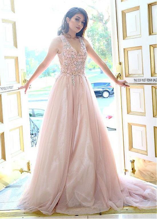 TULLE V-NECK PINK FLOWER A-LINE PROM DRESS WITH APPLIQUES,DS2995