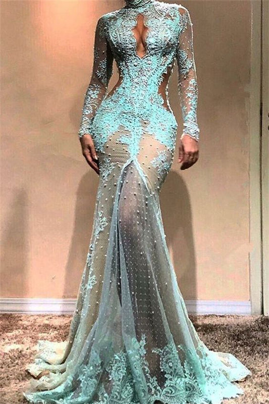 Sexy Lace Pearls Long Sleeve Evening Dress,DS4457