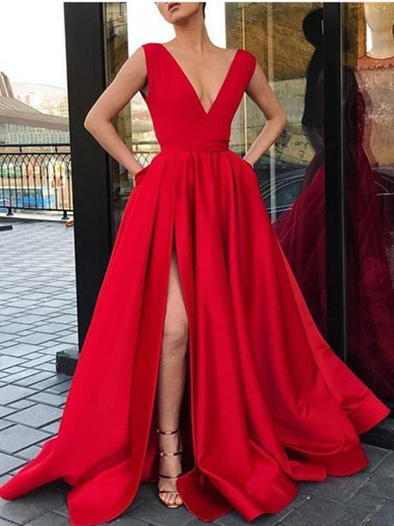 Custom Made A Line V Neck Red Prom Dress with High Slit, Red Formal Dresses, Graduation Dresses,DS1850