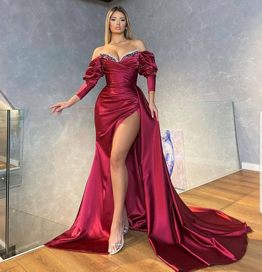 Wine dress with side slit prom gowns, bridal dresses, African women wedding dress, bridesmaids dresses,DS5104