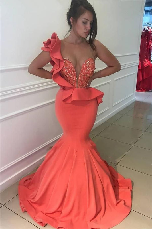 Sexy Mermaid Prom Dresses Satin Coral One Shoulder Beaded Sweetheart Ruffles,CD3157