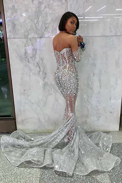 Long Sleeve Off The Shoulder Silver Black Girl Prom Dresses Mermaid Sexy Illusion Beads Crystals Evening Gowns Cheap,DS4575