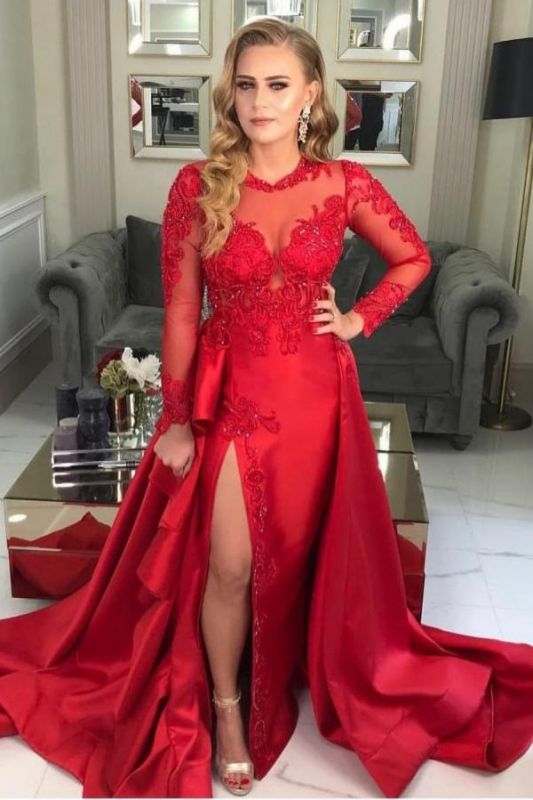 Elegant Red Long Sleeve Lace Appliques Evening Dress Side Slit Party Dress,DS4026