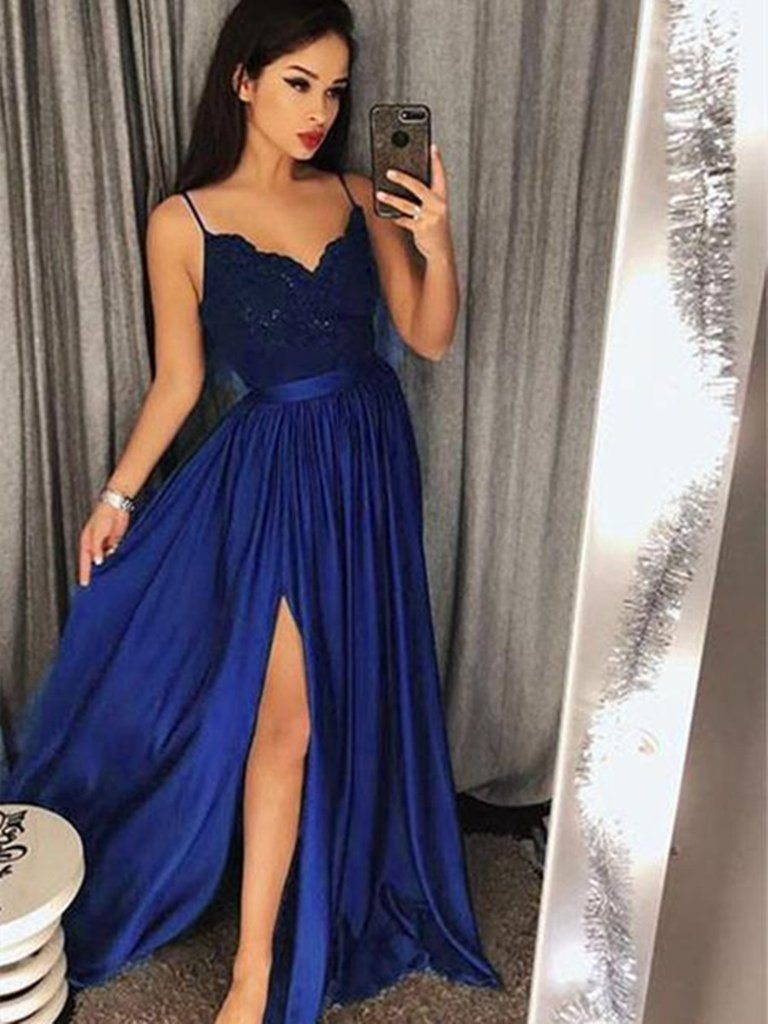 Custom Made A Line V Neck Royal Blue Lace Prom Dresses, Royal Blue Lace Formal Dresses, Evening Dresses,DS1845