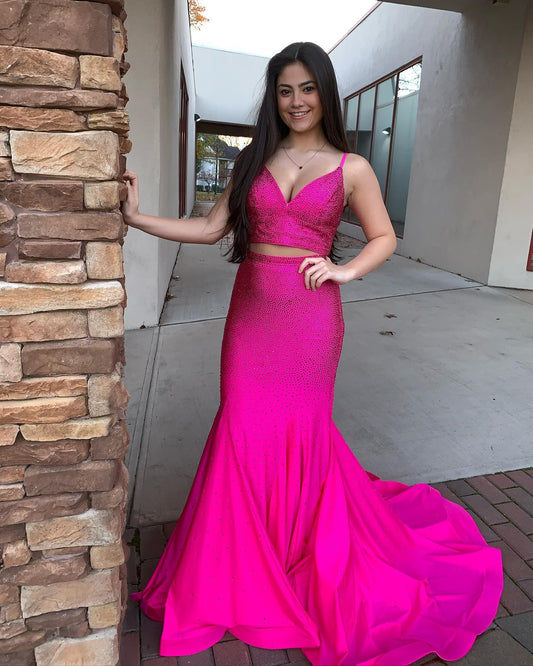 Two Piece Neon Pink Beaded Mermaid Long Prom Dress,DS3089