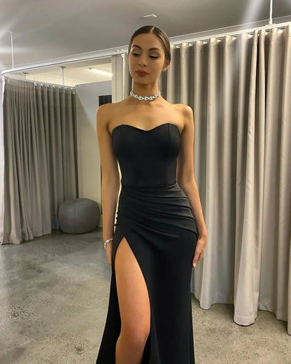 Glamorous Mermaid Sweetheart Black Satin Long Prom Dresses Sexy Evening Party Dresses with Side Slit,DS5149