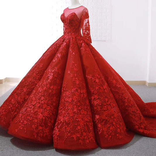 Red Lace Appliques Ball Gown Half Sleeves Sweet 16 Dresses Princess Ball Gown,DS4260