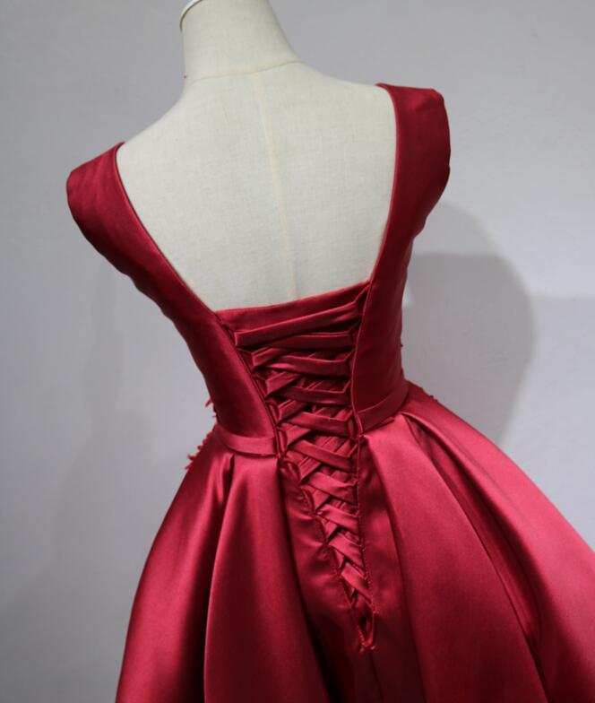 Lovely Dark Red Homecoming Dress, Round Neckline Satin Party Dress ,DS1121