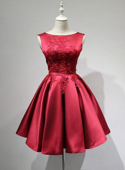 Lovely Dark Red Homecoming Dress, Round Neckline Satin Party Dress ,DS1121